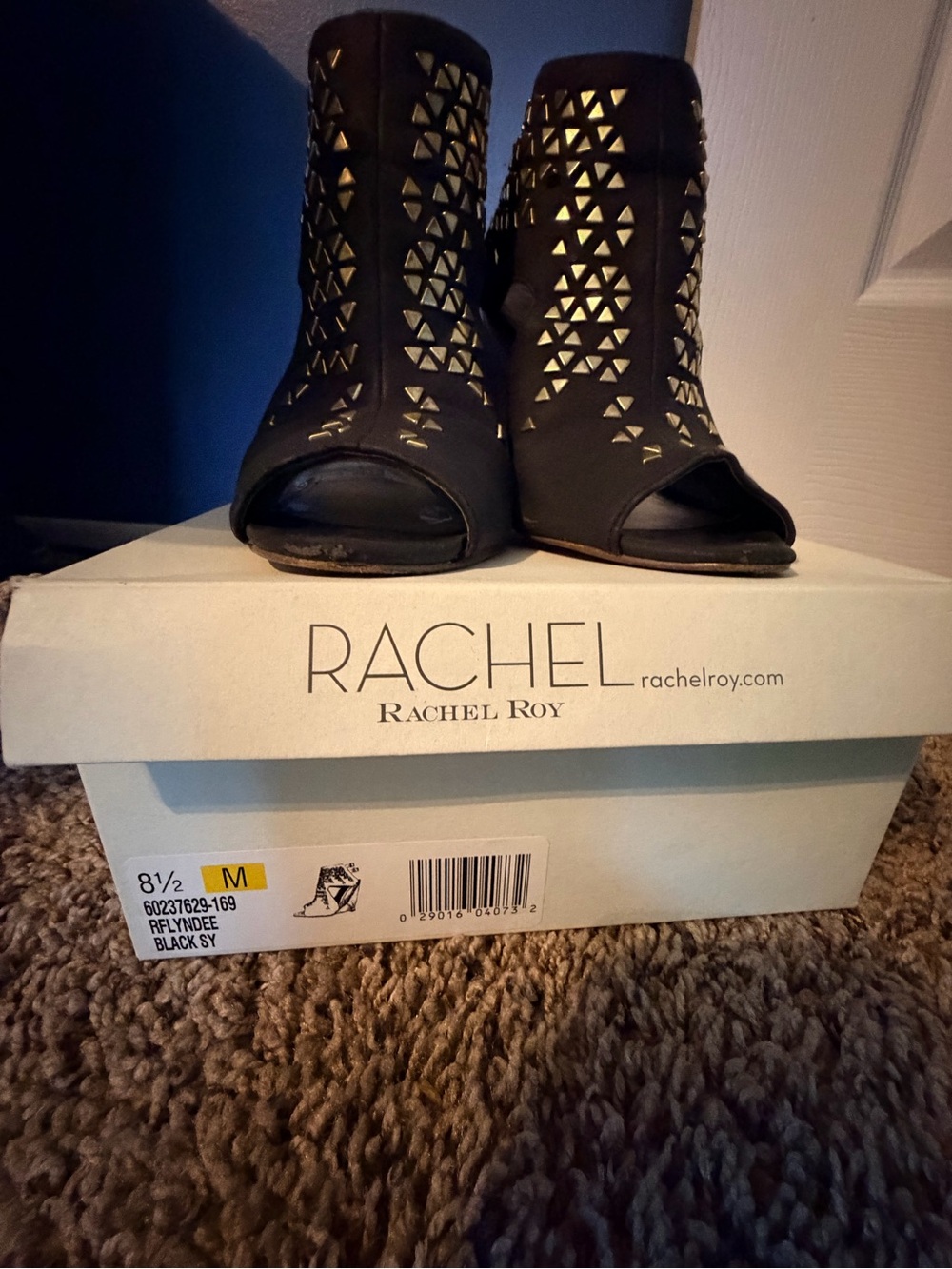 RACHEL Rachel Roy Black Peep-Toe Ankle Booties with Gold Studs